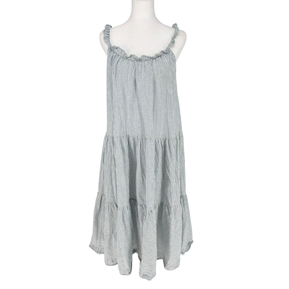 THE GREAT. Soleil Midi Sun Dress Stripe Cotton Linen Tiered Ruffle Size 1 Small